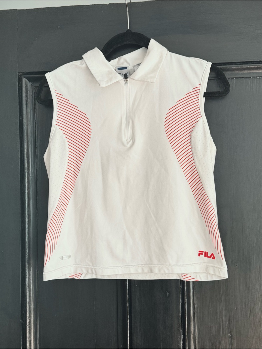 Fila White Half-Zip Sleeveless Polo with Red Stripe Accents tennis